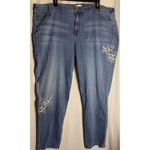 J. Jill Embroidered Weekender Blue Jeans Straight Leg Boho Coastal Grandma Sz 24